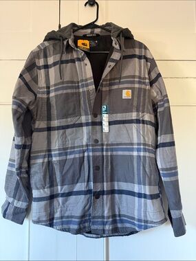 Carhartt Gray and Navy Plaid Hooded Shirt Jacket